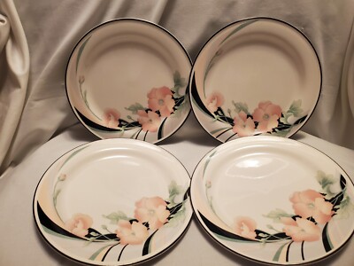 4 Vtg Sango Jolie 253319 7 5/8'' Salad Plates Pink Flowers Green Black Lines EUC