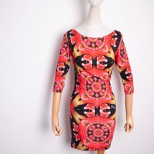 Philipp Plein Womens Stretch RED FRACTAL Geometric Crop Sleeve Bodycon Dress S-M