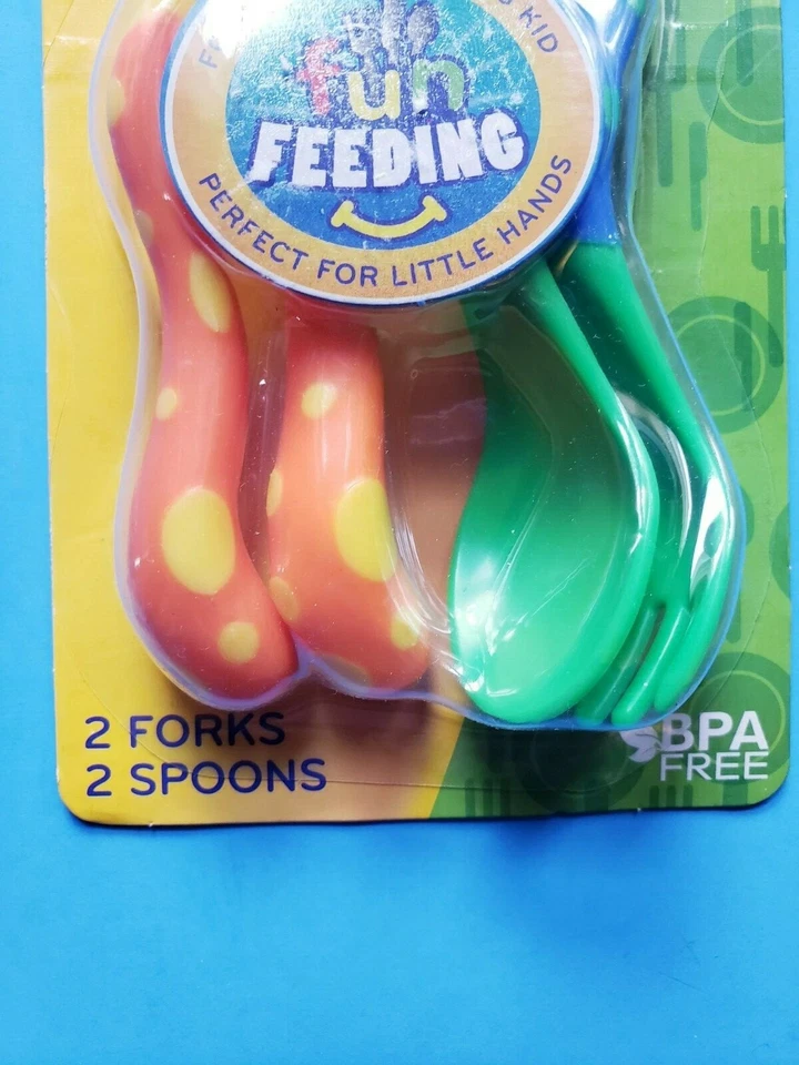 TODDLER NUBY FORK AND SPOON SET OF 4 BPA FREE YELLOW ORANGE BLUE GREEN NEW - Image 3 of 4