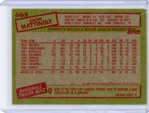 Don Mattingly 1985 Topps Baseball Card #665 NY Yankees in Top Loader a - Picture 6 of 6