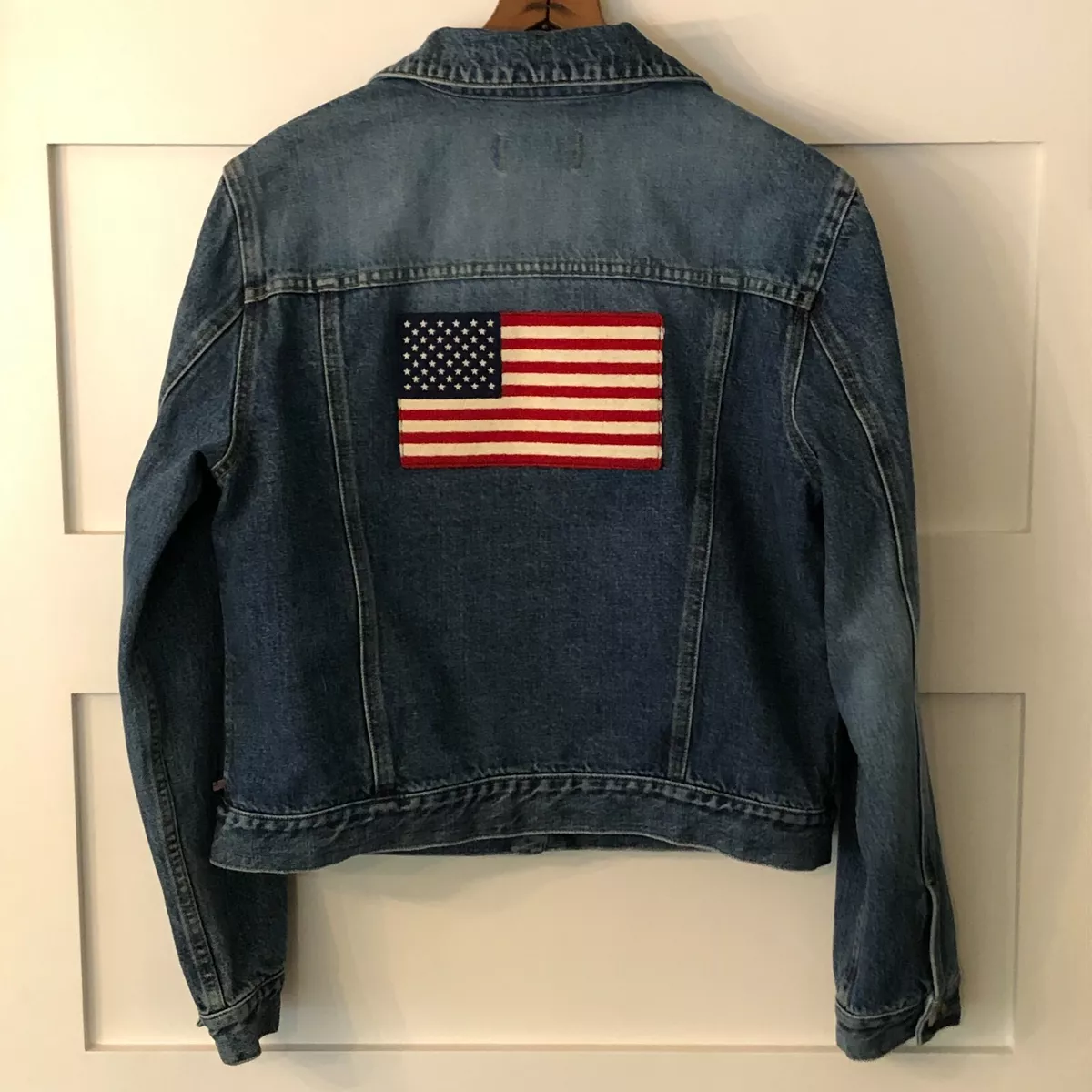 Polo Jeans Co Ralph Lauren Denim Trucker Jacket American Flag Women s L