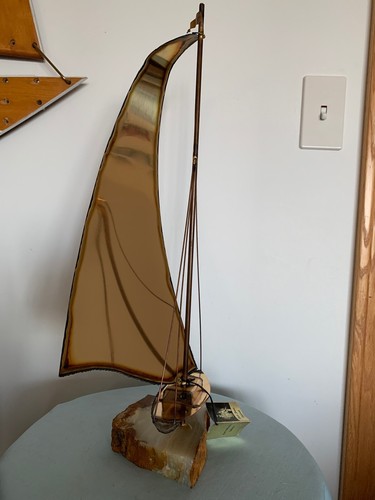 Vintage 22 Zoll Messing Segelboot MCM Skulptur Onyx Sockel Kunst signiert von Mario Jason - Bild 2 von 12