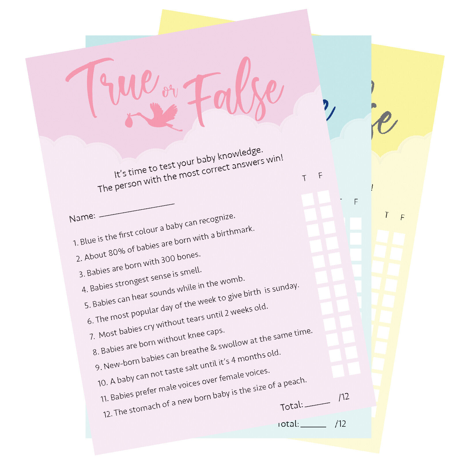 12 x Baby Shower Games True Or False 12 Pack + Answer Card - Boy / Girl / Unisex