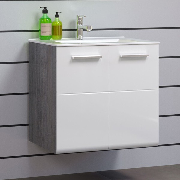 Trendteam Waschbeckenunterschrank Keramik-Waschbecken Weiß Hochglanz Rauchsilber-image
