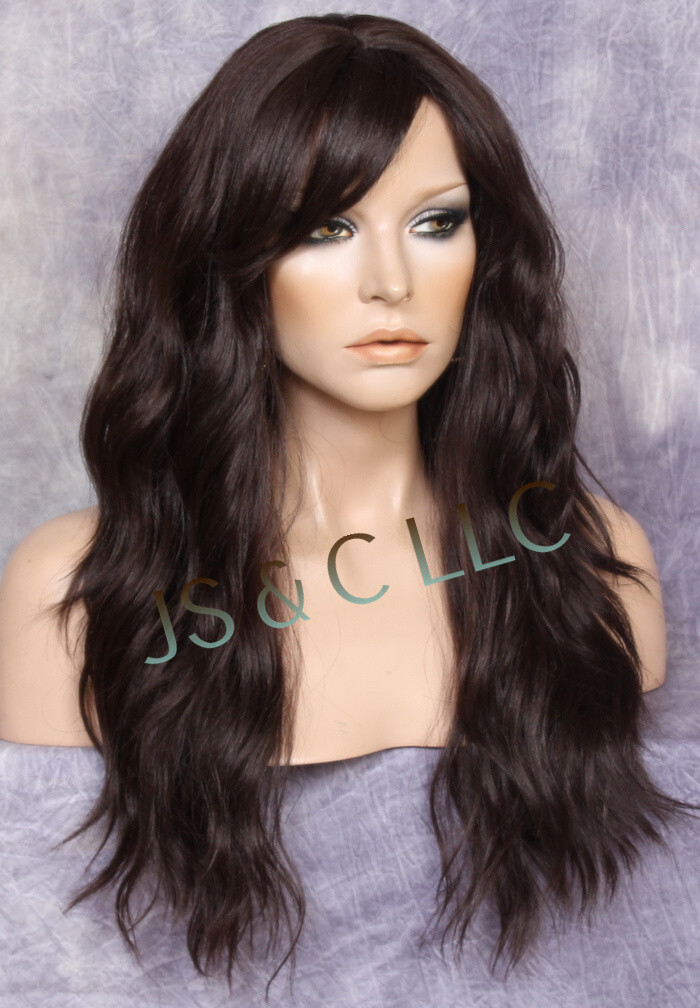 Long Beach Wavy Dark Brown Human hair Blend Full Wig Heat OK  display picture 2