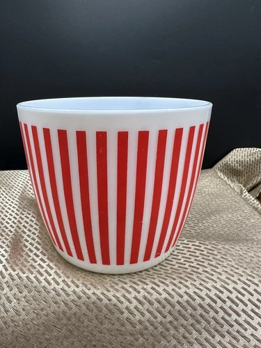 Vintage Hazel Atlas Ice Bucket Red White Striped Milk Glass MCM HARD TO FIND