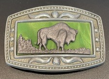 Vintage 1980  s Belt Buckle Bison Scenery Green Pewter Tone