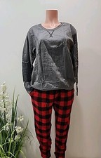 LADIES 100 Cotton Long Sleeve Pajama Set Size Large Grey Red W/ Black Bottom
