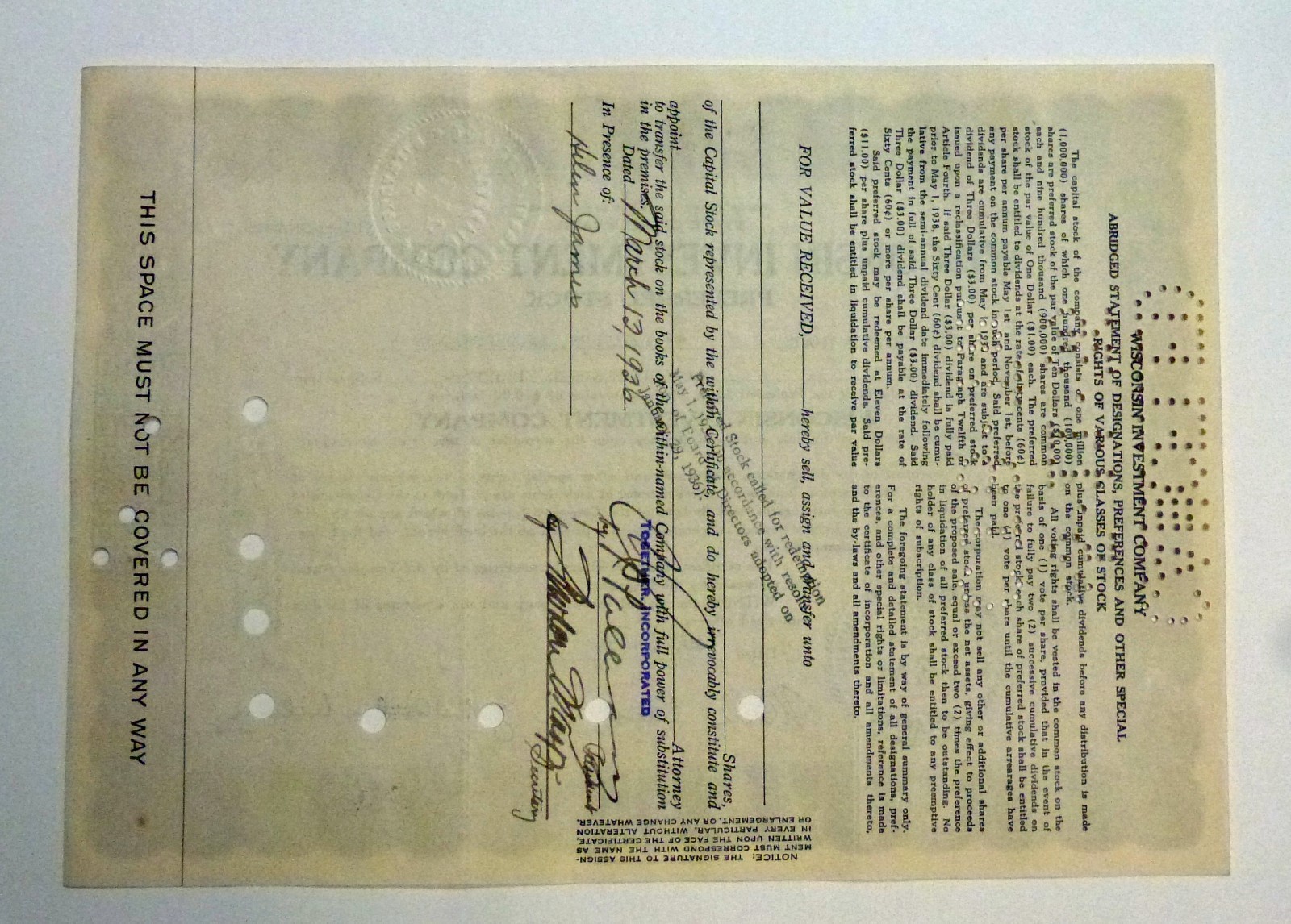 WISCONSIN Investment Company Stock Certificate 1933 eBay
