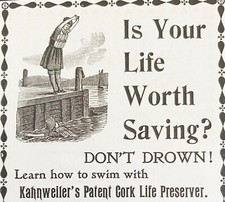 Learn to Swim S.B. KAHNWEILER'S PATENT CORK LIFE PRESERVER Antique 1896 Print Ad