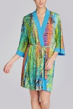 Josie Natori Scribble Wrap Robe Size L Tie Belt Blue Green Jersey Knit Kimono Sl