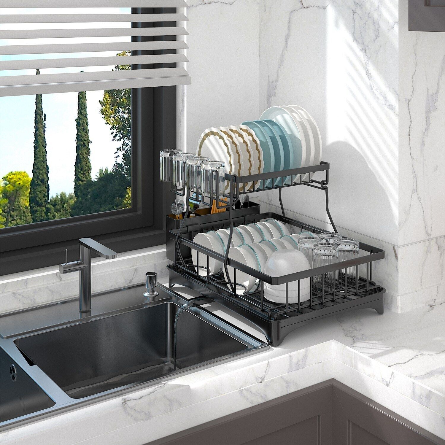 2-Tier Over The Sink Dish Drying Rack Stainless Steel Drainer Kitchen Organizer