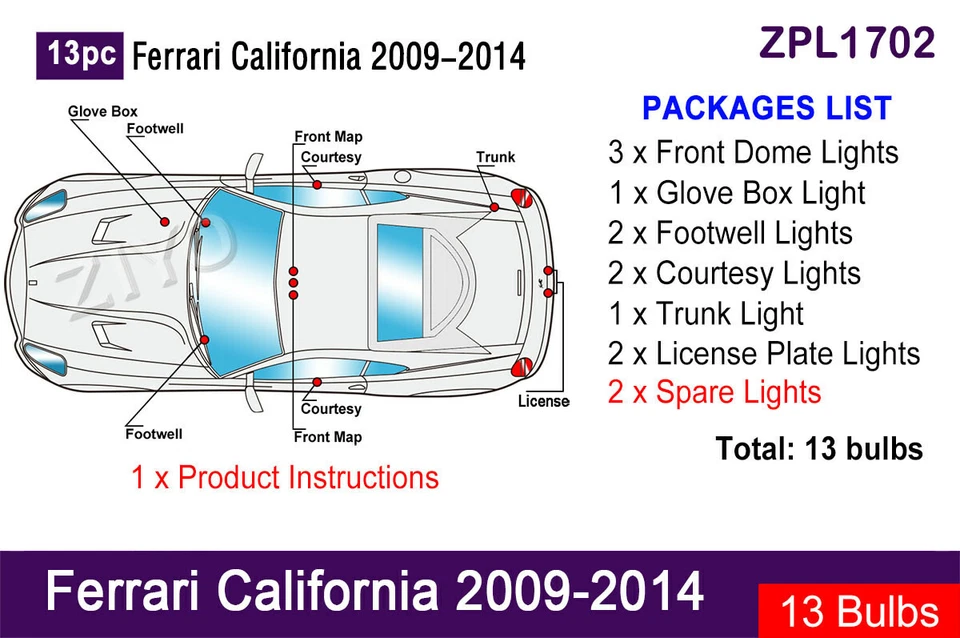 Actualización de luz interior LED de 13 piezas para bombillas Ferrari California 2009-2014 Foto 2 de 4