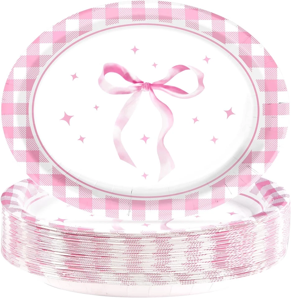 50 PIEZAS Platos de Papel Ovalados Lazo Rosa 10" X 12" Desechables Rosa Lazo Fiesta... Foto 4 de 4