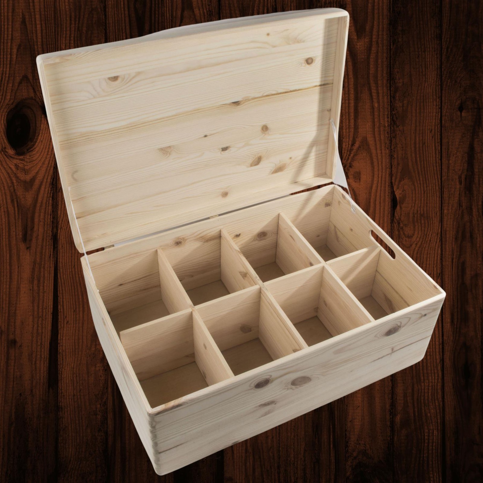 Extra Large Wooden Lidded Storage Chest Trunk Box With 8 Removable Compartments