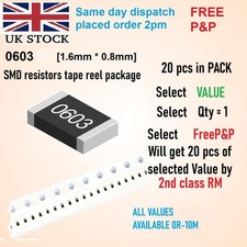 Image of 0603 SMD resistors 1%, 5% 0R to 10M range for repair & DIY, 20 pcs in pack