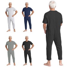 Men Daily Wear Casual Jumpsuit Elderly Sleepwear Care Solid Color Round Neck