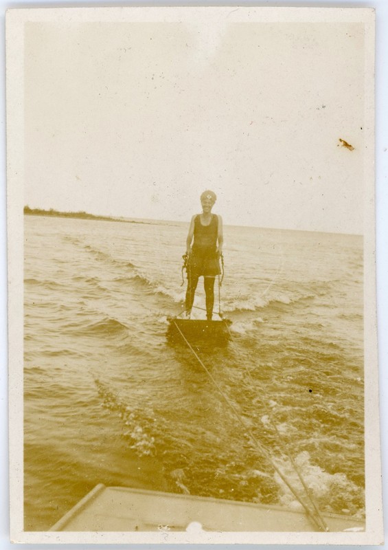 Vintage 1923 Snapshot Lady on Primitive Waterskiing Board in Jazz Age Swimsuit