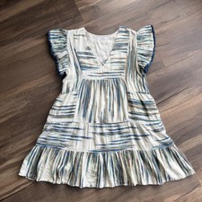 THML Emroidered Dress 100 Cotton Lined Fringe Flutter Sleeve Side Pockets Large