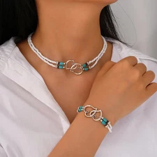 2Pcs Women Vacation Style Double Layer Bead Hollow Heart Pendant Choker Necklace