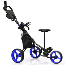 3-Wheel Foldable Golf Push Pull Cart Trolley w/ Seat Adjustable Handle Blue