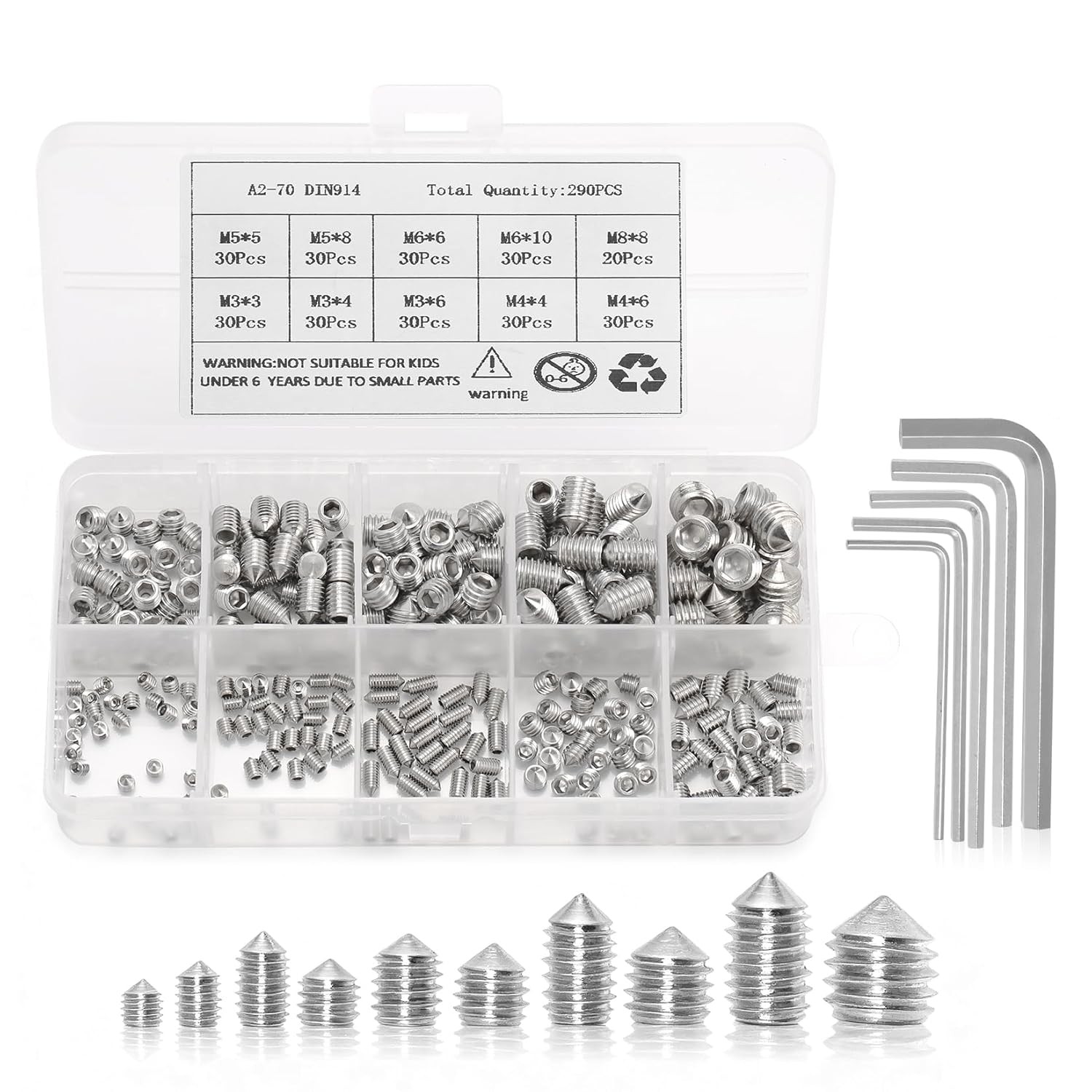 Assorted Cone Point Grub Screws Stainless Steel Metric M3 to M8 with Allen Keys
