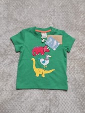 Frugi Organic Cotton Dinosaur Embroidered T-Shirt Green/Red/Yellow Size 12-18m