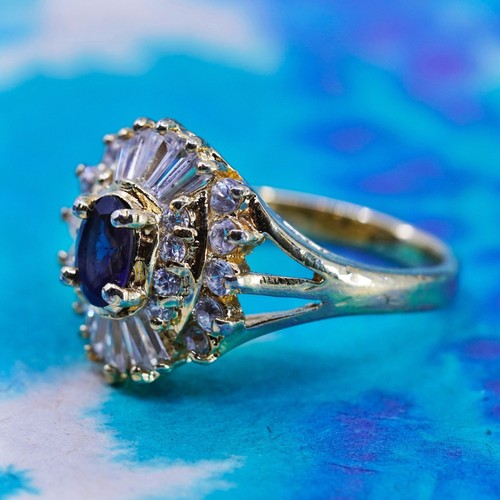 Misura 8, anello vintage vermeil oro su argento sterling 925 a grappolo zirconi zaffiro - Foto 2 di 8