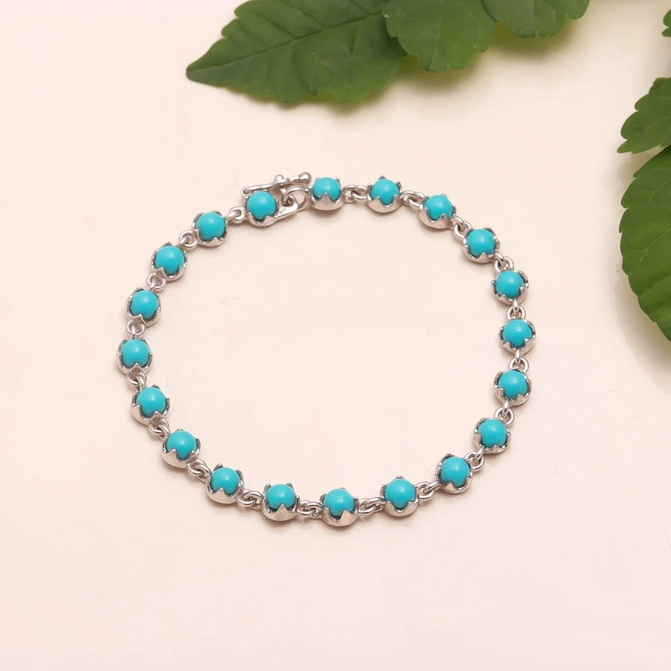 Sleeping Beauty Turquoise Round 4 MM Four Prong Bracelet Sterling Silver 7 In - Image 3 of 4