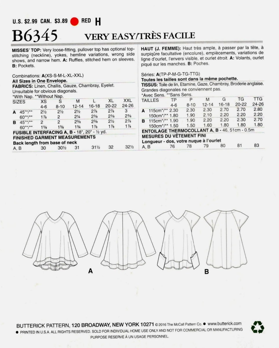 Butterick B6345 See & Sew Tops Misses Sewing Pattern Uncut Butterick B6345 See & Sew Tops Misses Sewing Pattern Uncut