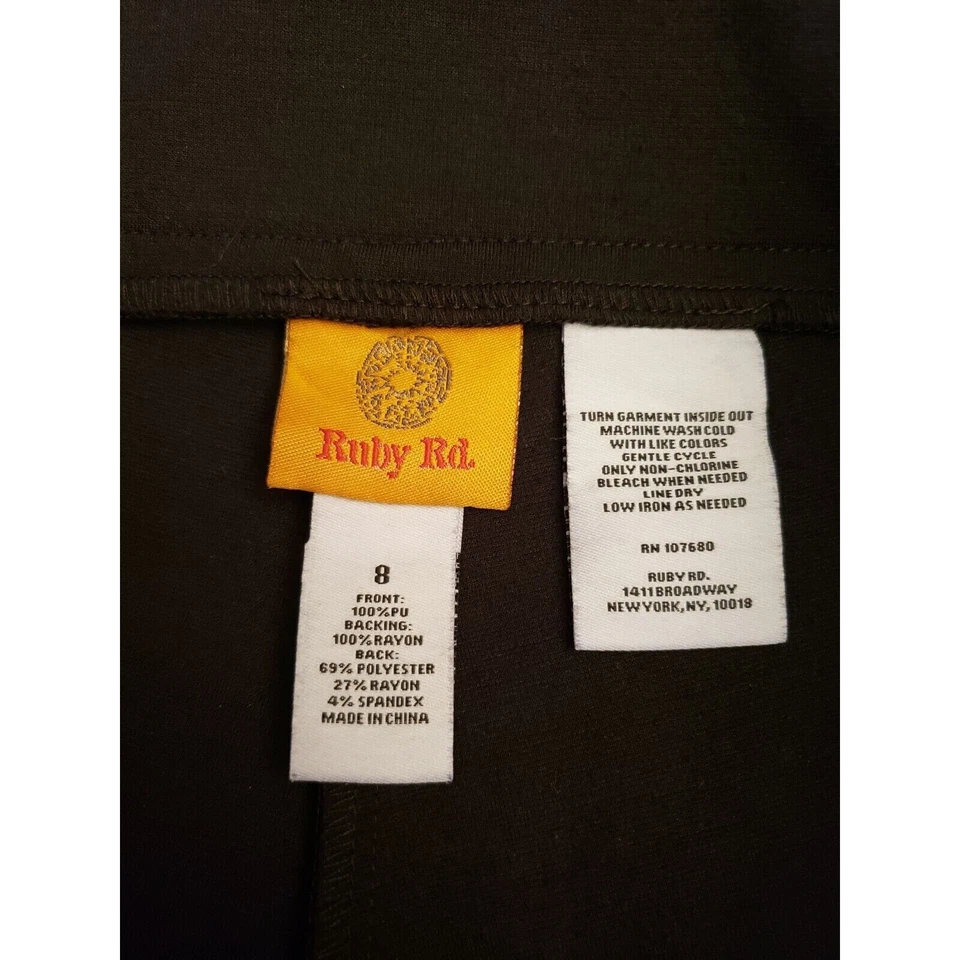 RUBY RD. Women’s Sz 8 Black Dress Pants Flat Front Faux Leather Pull On Skinny - Image 3 of 4