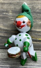 Vtg Christmas Ornament Wooden Clown Drummer Green White Red Nose 3.5”