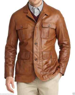 Men's Real Leather Blazer Genuine Lambskin Three Button Premium TAN Jacket