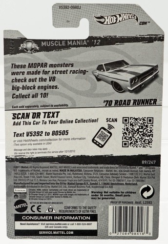 Hot Wheels '70 Road Runner Muscle Mania Mopar 2012 - V5392 NRFP 2011 Yellow 1:64 - Picture 4 of 4