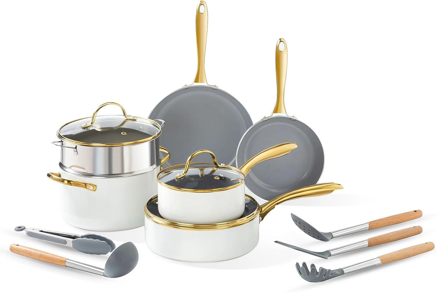Non-Toxic Ceramic Cookware Set, 14-Pcs Nonstick Induction Pots & Pans Set