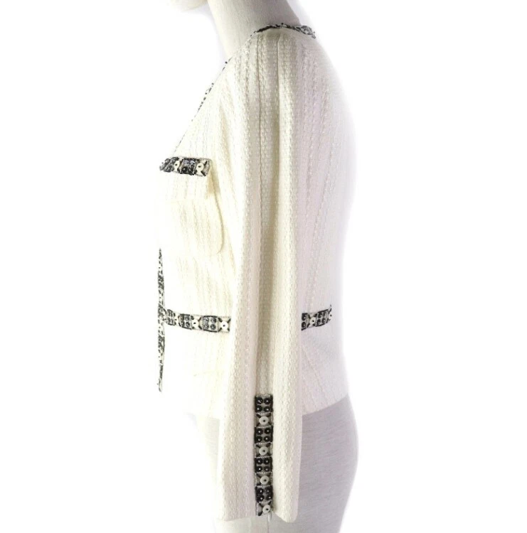Giacca CHANEL senza colletto perline bianco cotone lino donna taglia 34 Francia