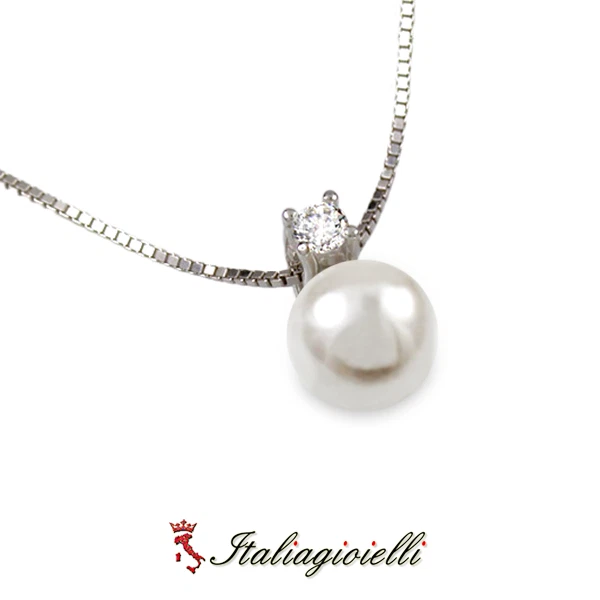 Signorile Collana Brillante con Perla in Argento 925 Rodiato Oro Bianco - Immagine 4 di 4