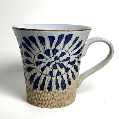Japanese Stoneware Mug Gray Crosshatch Incised Pattern Blue Swirl