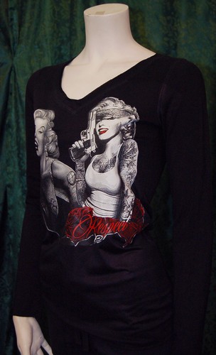 GET EST HIP Two Funny Marilyn Monroe Long Sleeve T-Shirt Stretch Gun & Roses S - Picture 3 of 5