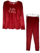 Joyspun Jolly Vibes Red Velour 3- Piece Pajama Set Pockets Medium with Eye Cover