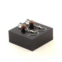 Ohrringe 2 Perlen Quarz Aus Brasilien + Holz 8 Mm Aus Edelstahl
