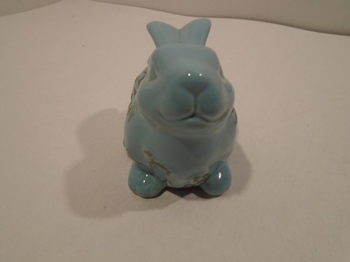 Ceramic Bunny Rabbit New Blue with Sepia Tone Floral Accents Farmhouse Cottage - Picture 4 of 5