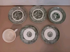  Currier & Ives Saucers, Teacup, Bowl Green