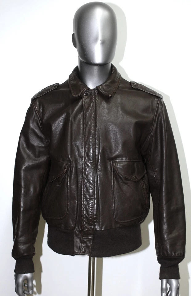 Blouson Flight Jacket SCHOTT 184-SM Cuir Brown Vintage 80s 46US 54FR Made in USA - Photo 2/4
