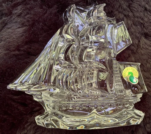 Vintage Waterford Lead Crystal Sailing/Pirate Ship Sculpture/Paperweight 6" T