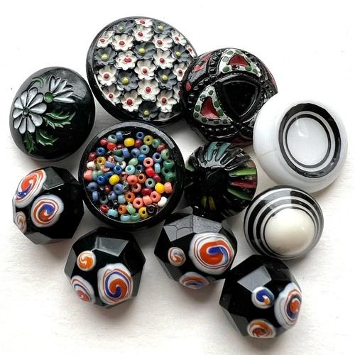 Lot 11 Vintage Modern Black White Glass Buttons Colorful Accents 1/2 - 7/8"