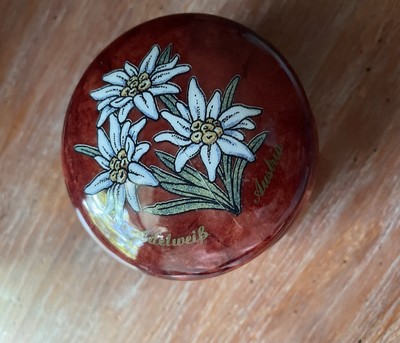 Vintage Alabaster Hand Carved Round Trinket Box Hinged Lid Edelweiss Austria