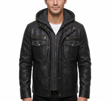 Men's Genuine Leather Hooded Jacket Black Biker Motorcycle Detachable Hood Coat