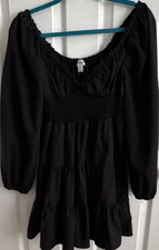 Black Smocked Fit  Flare Mini Dress Puff Long Sleeve V-neck Neck M
