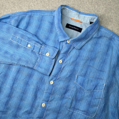 Tommy Bahama Shirt Mens 3XL Blue Plaid Linen Cotton Flip Cuff Beachy Coastal